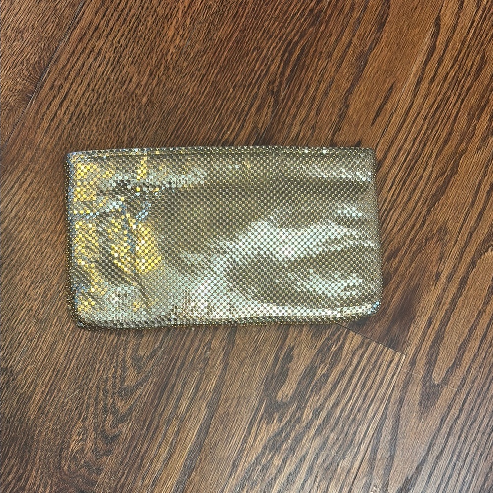 Chic Whiting and Davis Gold Evening Clutch with removable strap